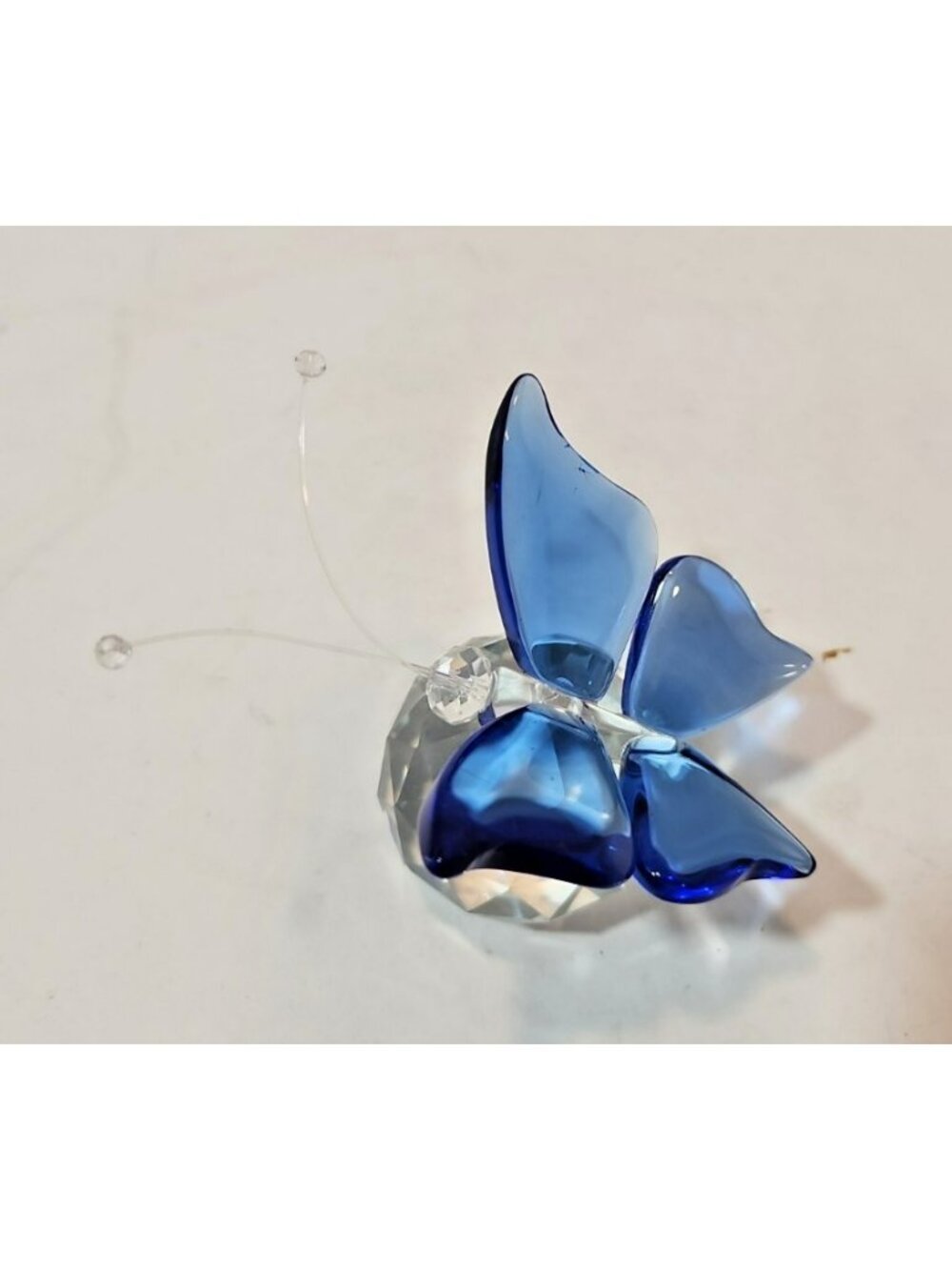 Blue Glass Butterfly Sitting on Crystal Faceted Ball Base Paperweight Figurine